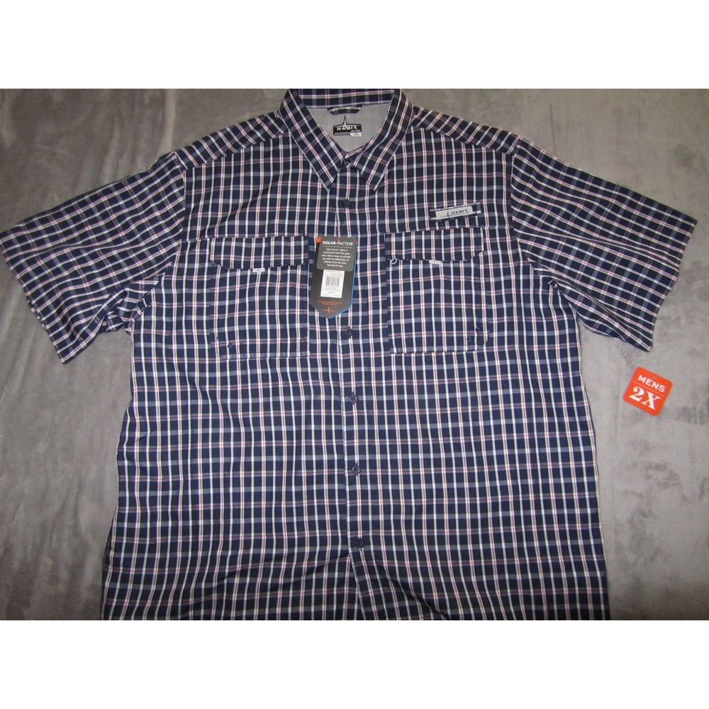 Habit Mens 2XL Fish Finder Short Sleeve Fishing Shirt Peacoat Plaid NWT UPF